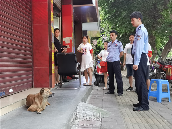 紫竹派出所民警對(duì)市民不拴狗繩的行為進(jìn)行勸誡。